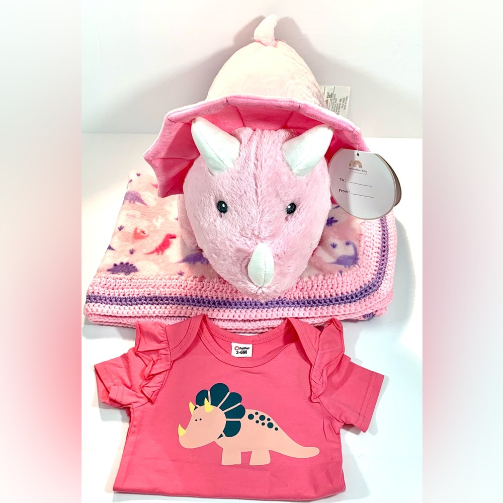 Pink Dinosaur Ceratops Crochet Baby Blanket 3 Piece Gift Set